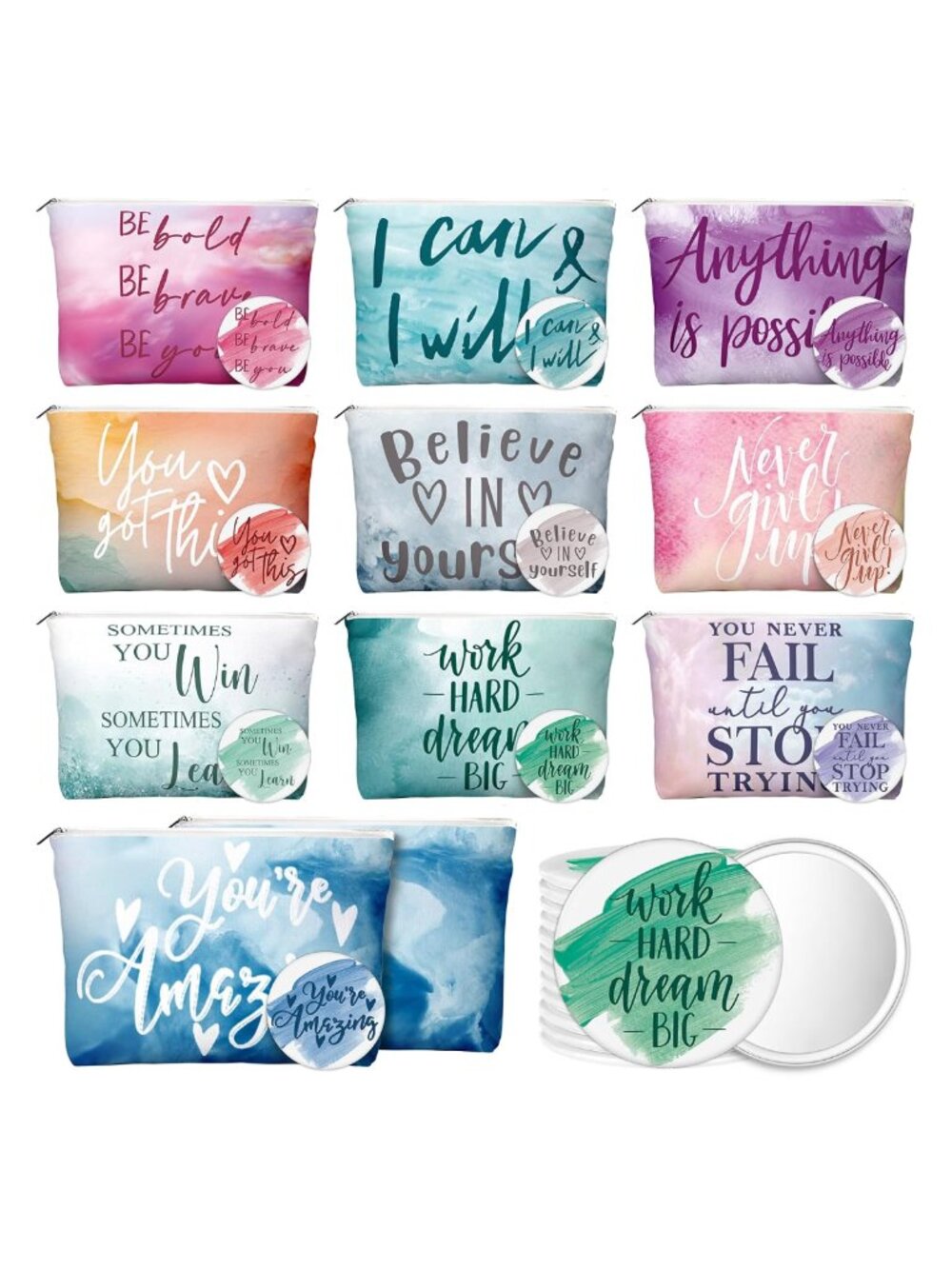 10 Canvas Makeup Bags & 10 Compact Mirrors Set Motivational Travel Pouch Gift